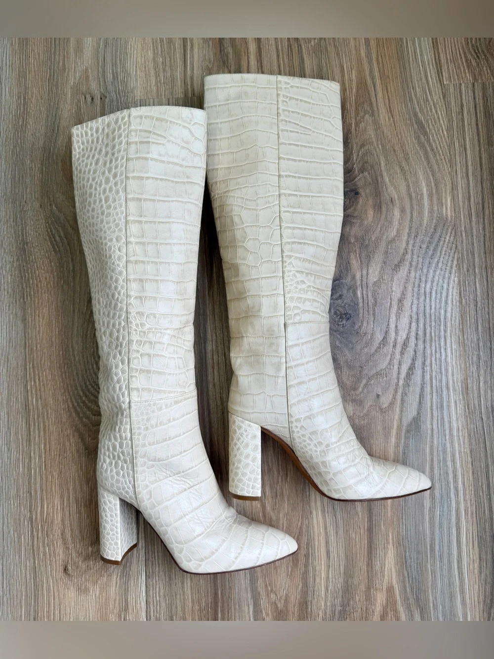 Toral Croc Embossed Knee High Boots Ivory Leather Block Heel Size 39